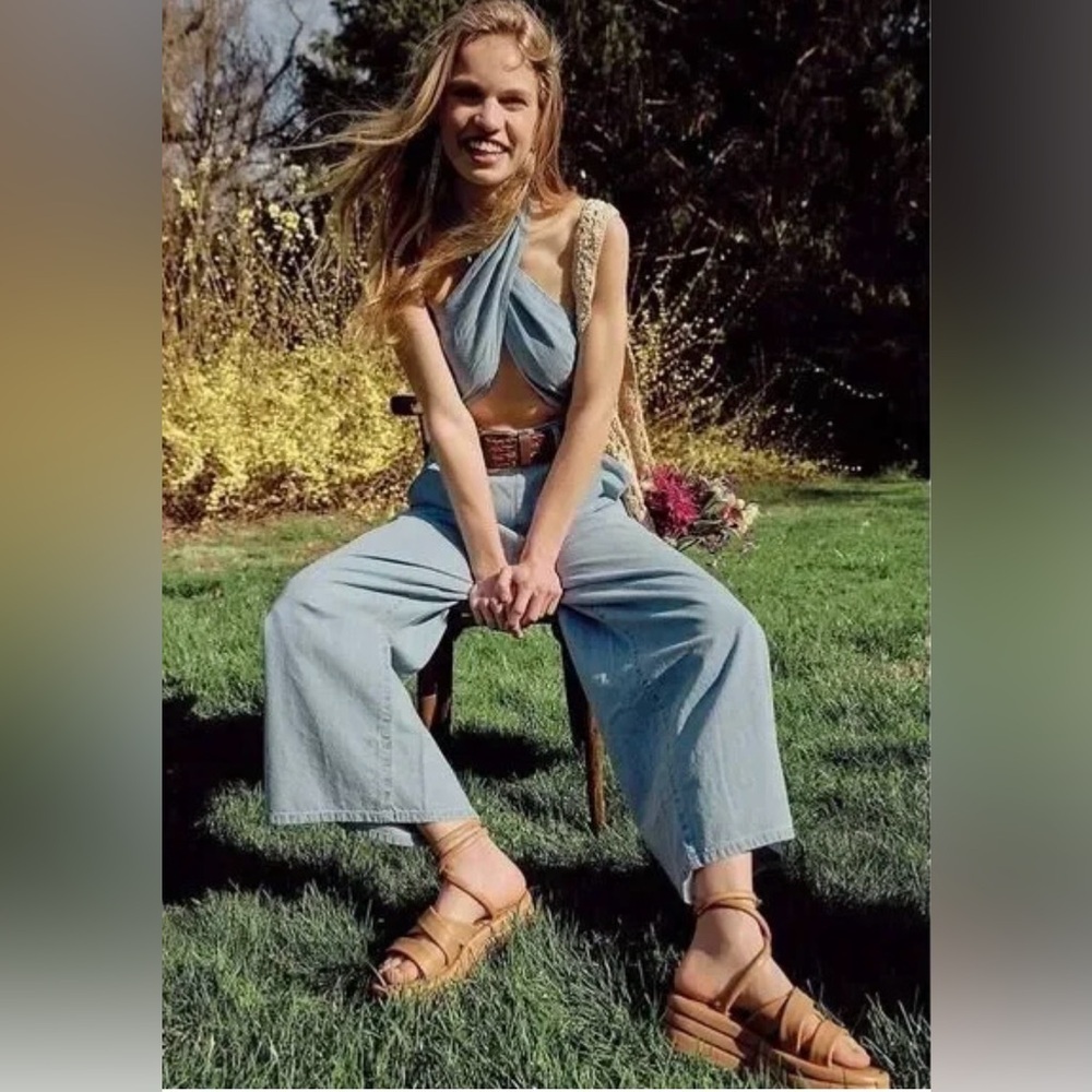 NWT Free People Wide Leg Cropped Denim Jumpsuit
